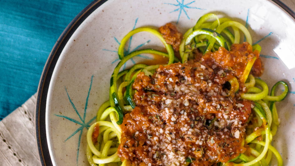 Zucchini spiral pasta with homemade bolognese sauce.