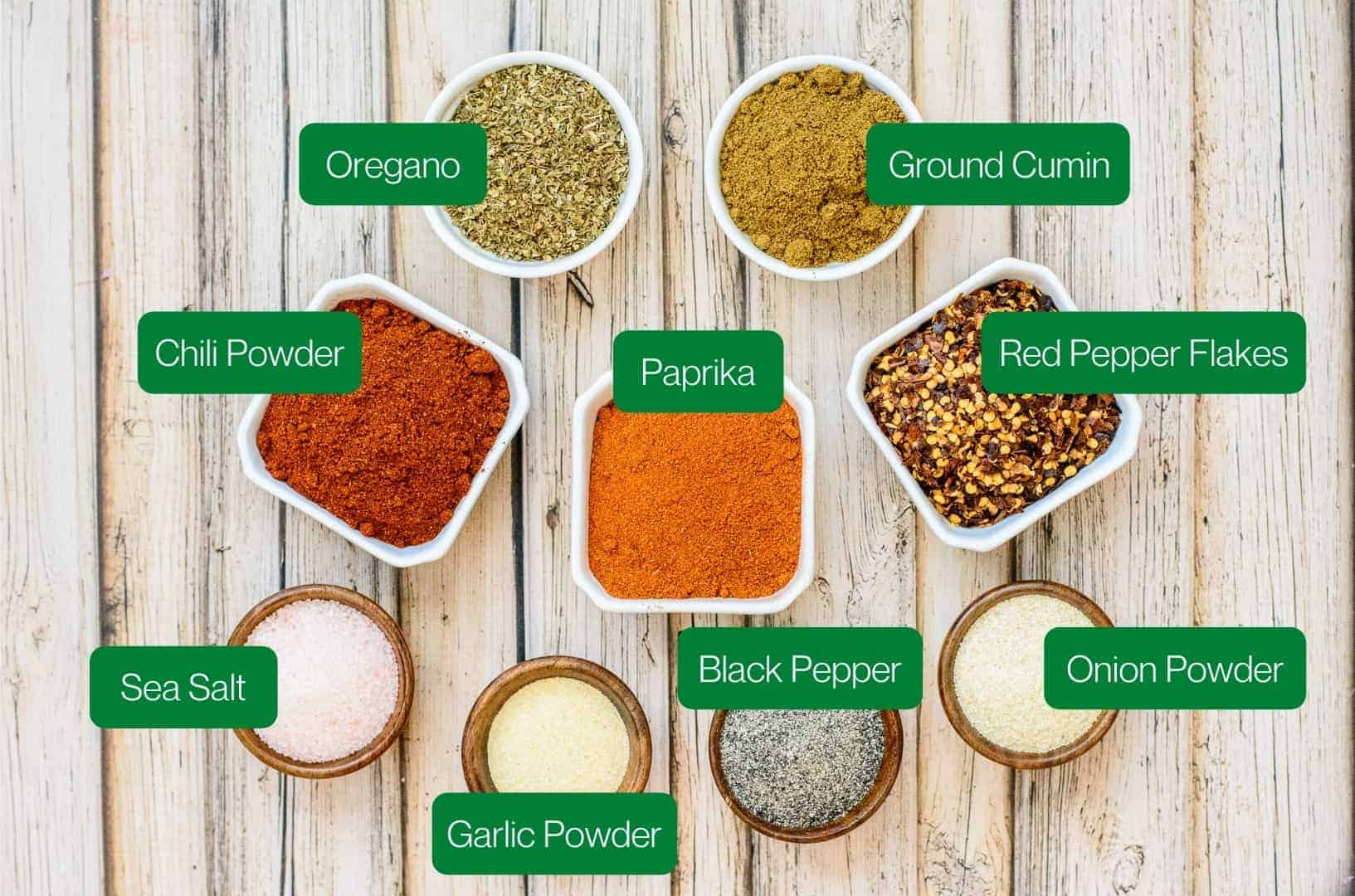 Taco Seasoning Ingredients: Oregano, Cumin, Chili Powder, Paprika, Red Pepper Flakes, Sea Salt, Garlic Powder, Black Pepper, Onion Powder