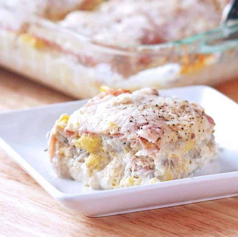 Sausage and Egg Casserole 1 slice of egg casserole on a white plate