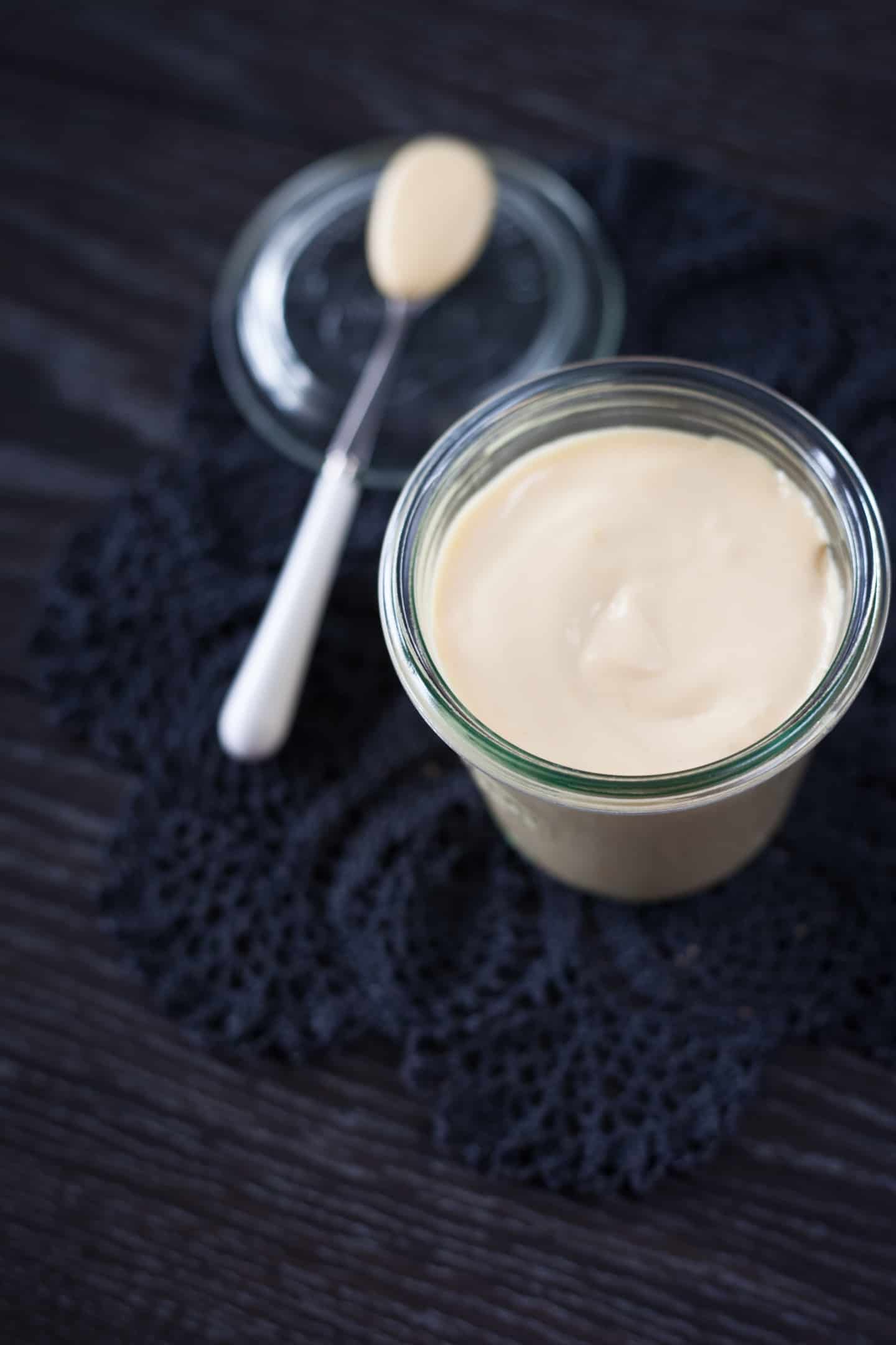 fresh mayo made from scratch in small bowl with serving spoon