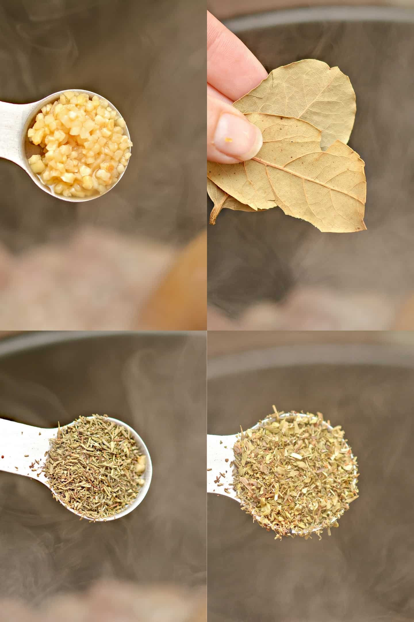 diced garlic, bay leaves, oregano and thyme ingredients