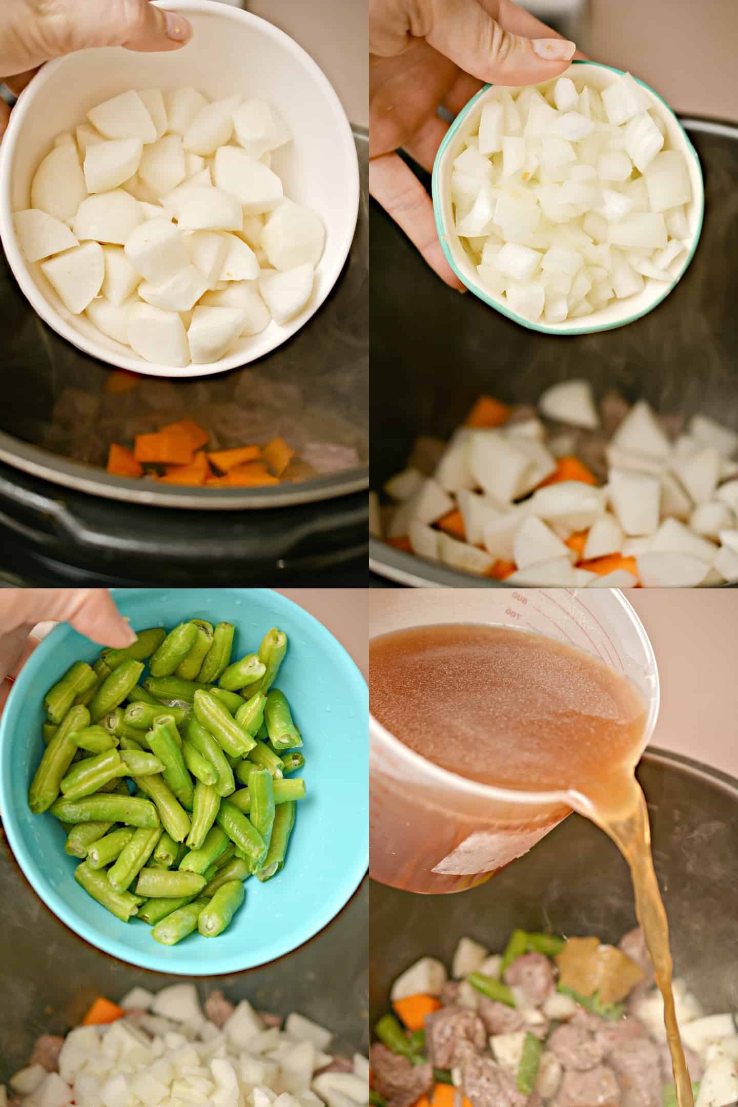 small turnips, diced onion, green beans, and beef broth poring into instant pot