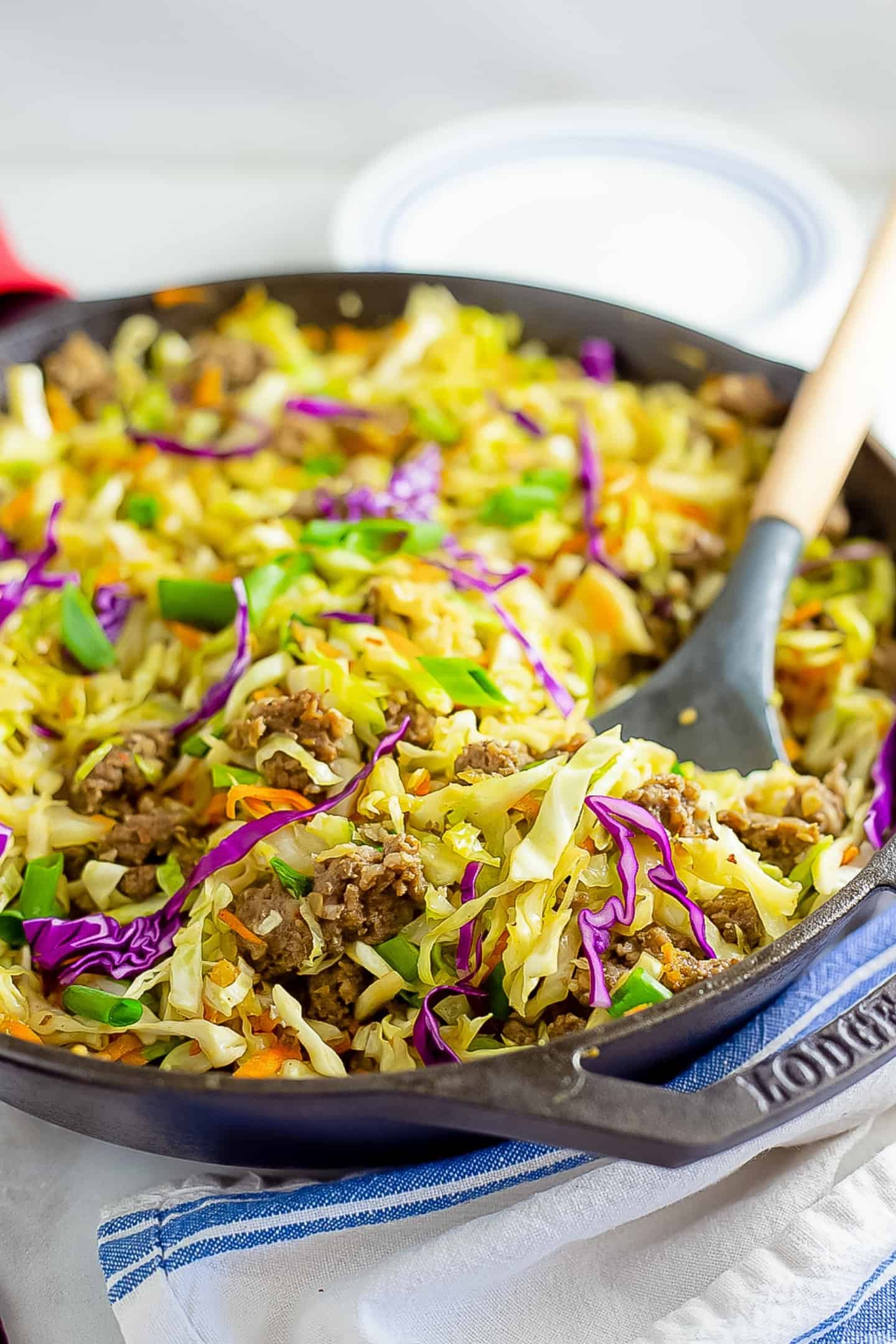 Keto Egg Roll in a Bowl with vegetables and sausage 