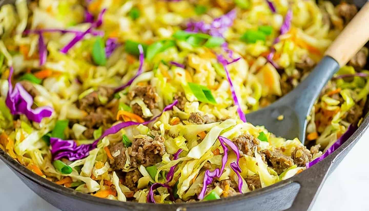 Keto Egg Roll in a Bowl with vegetables and sausage 