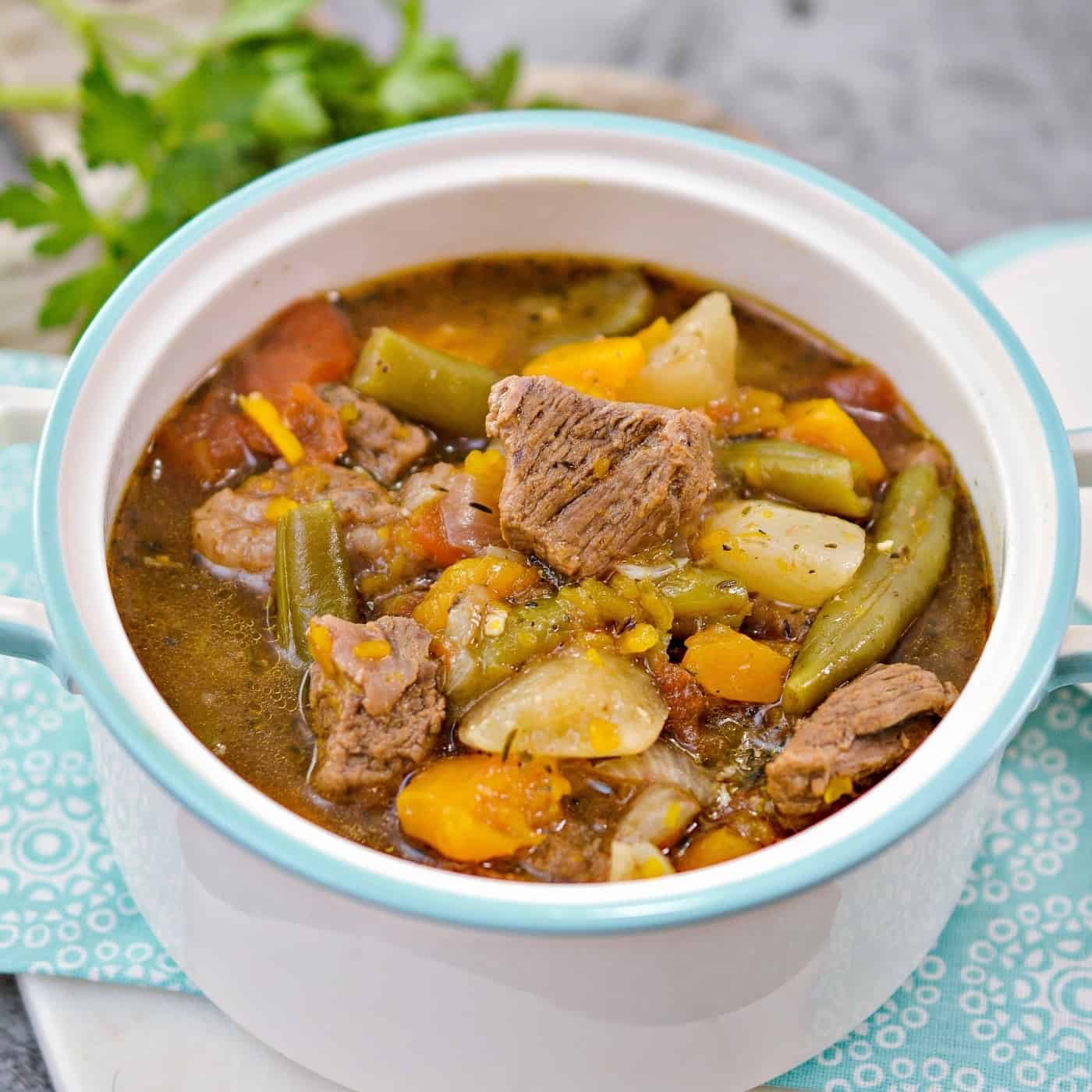 beef stew with vegetables serves in a bowl