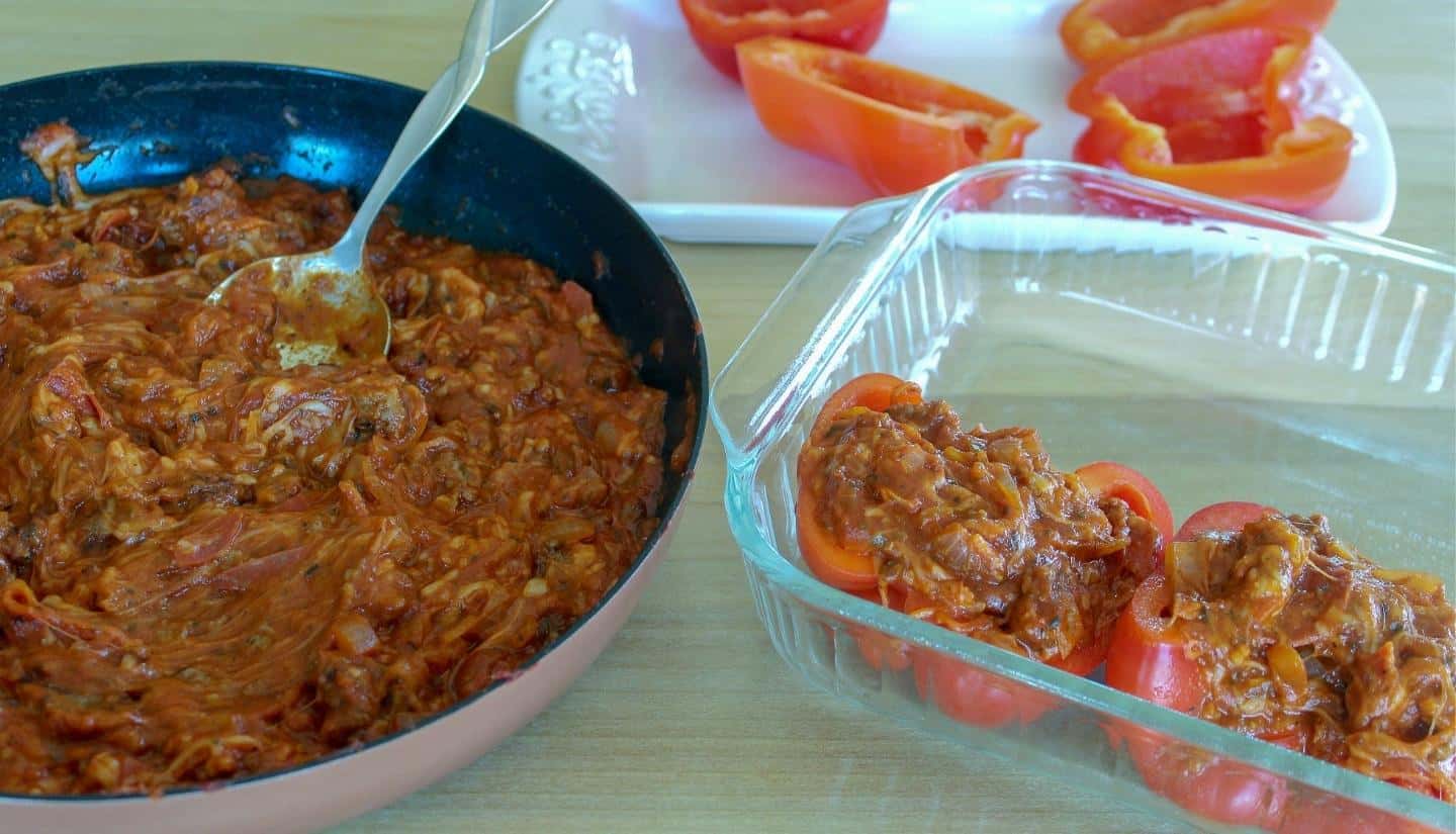 Mixture filling the red bell pepper