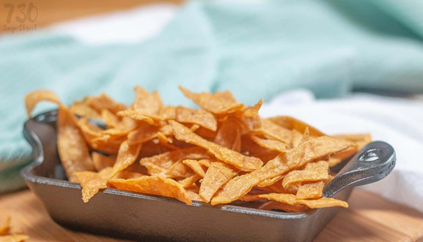 tortilla strips serve in a baking pan