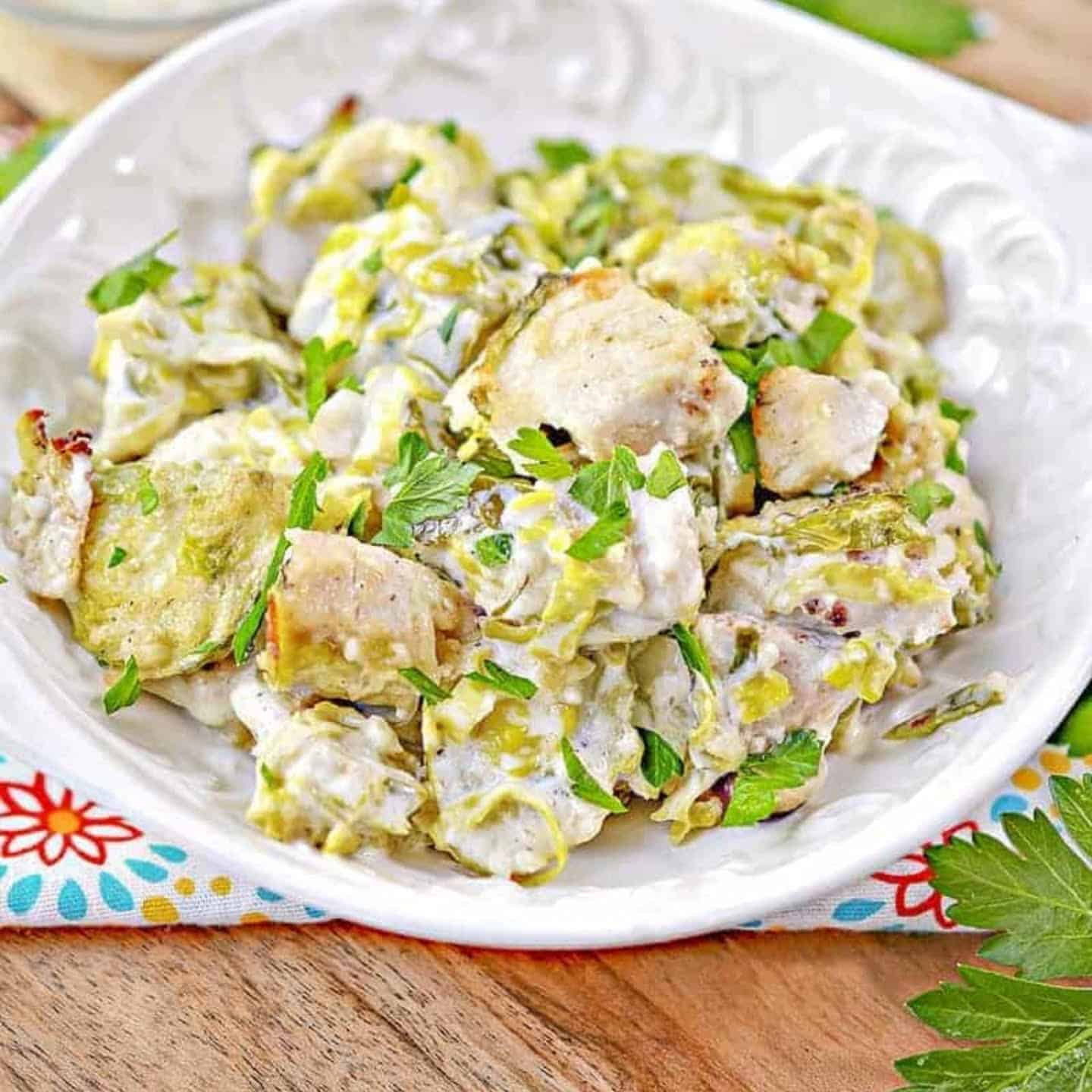chicken leftovers, Brussels sprouts, heavy cream, and cheese.