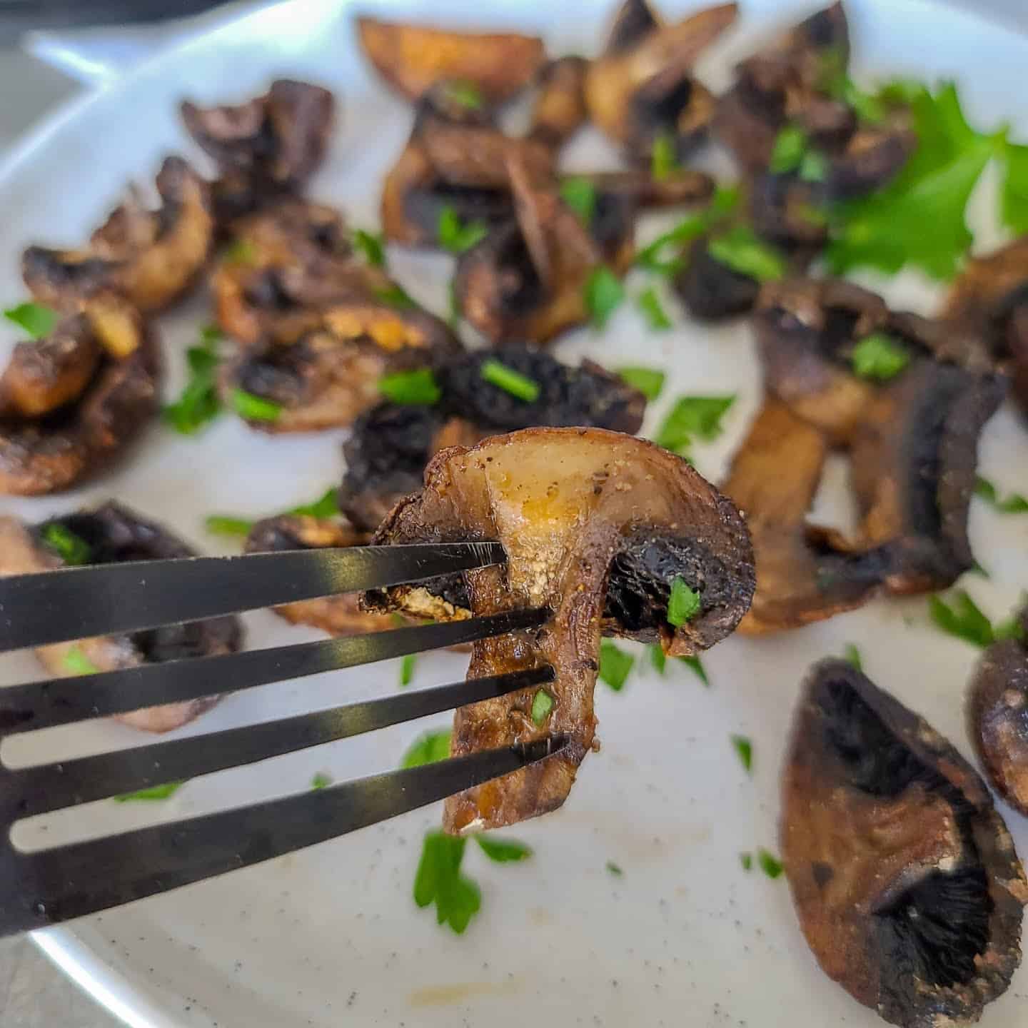 air fried mushrooms served in a plate with parsley garnish
