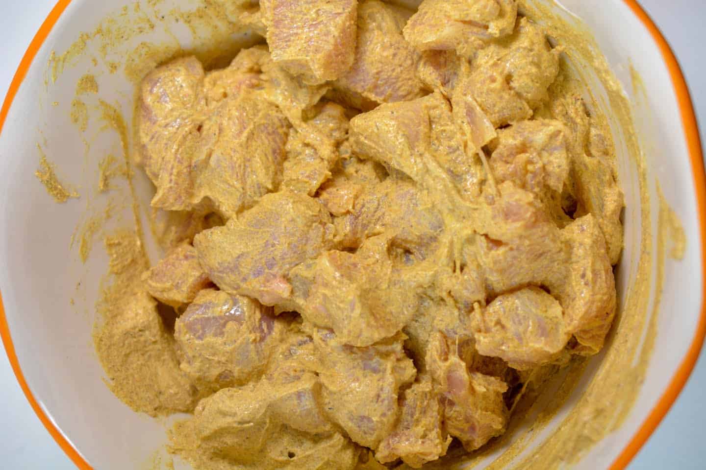 Indian butter chicken marinade with cubed chicken thighs or chicken breasts