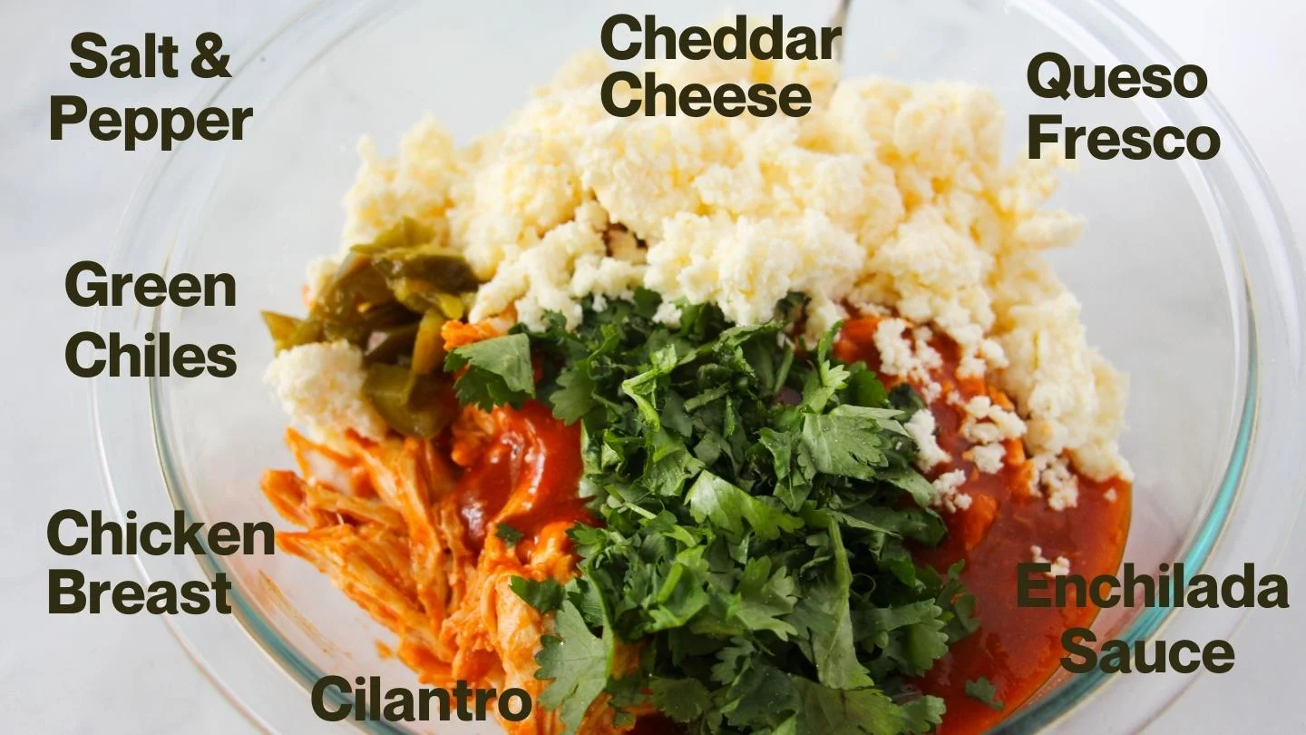 chicken enchilada ingredients cheese, green chiles, chicken, cilantro and enchilada sauce