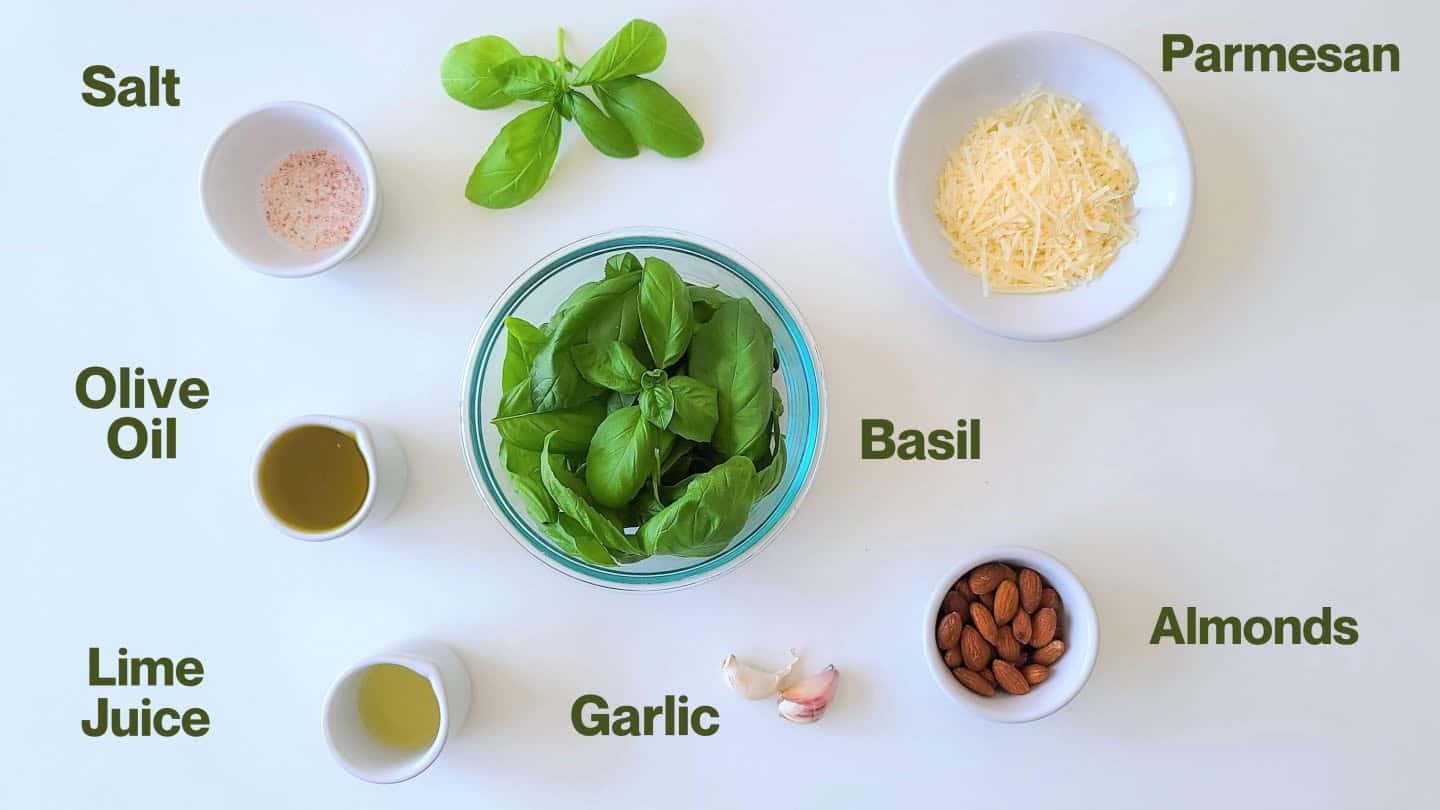 fresh basil leaves and parmesan cheese almonds, garlic, lime juice, olive oil
