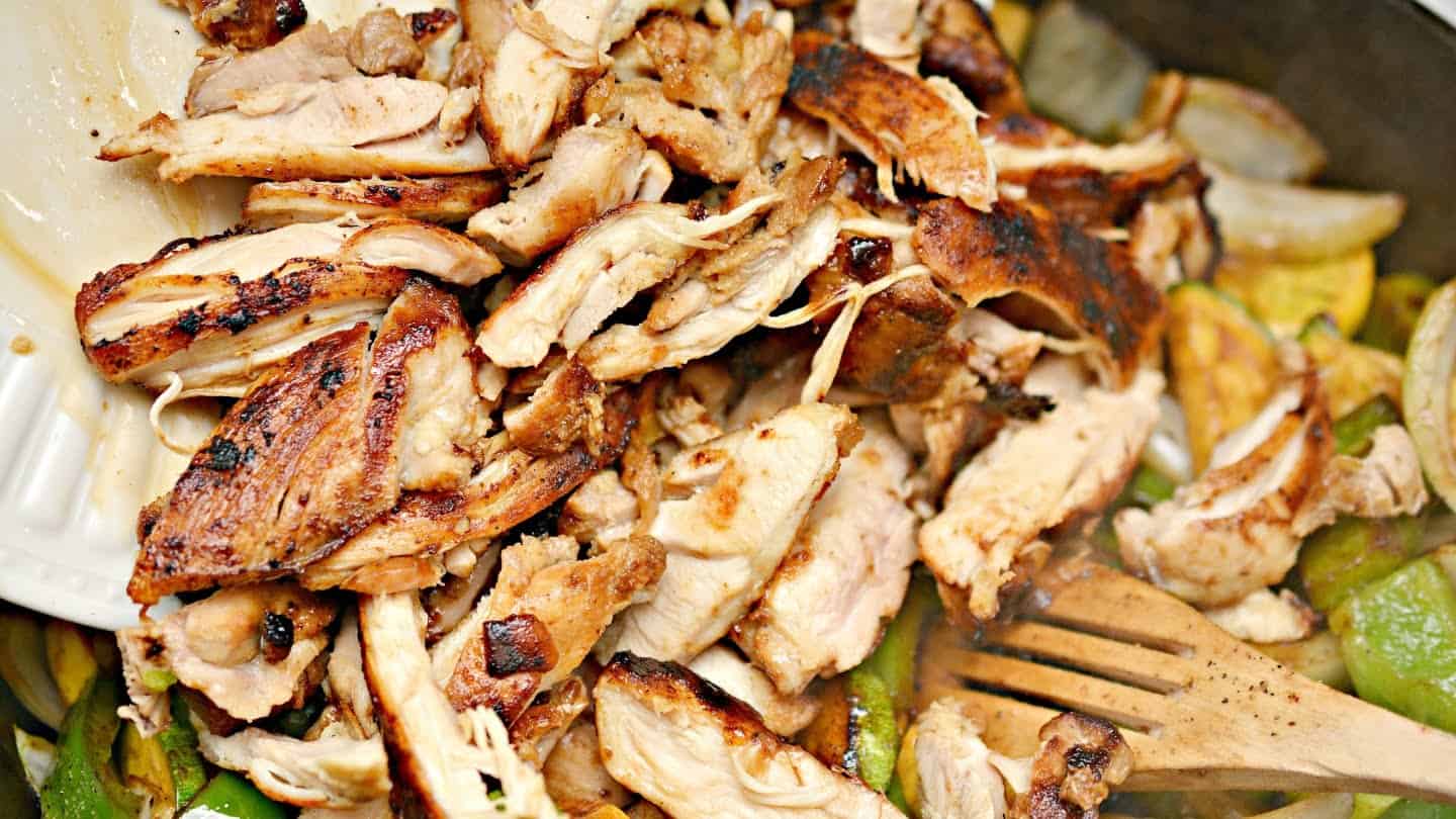 Chicken thighs into strips and add them to the skillet