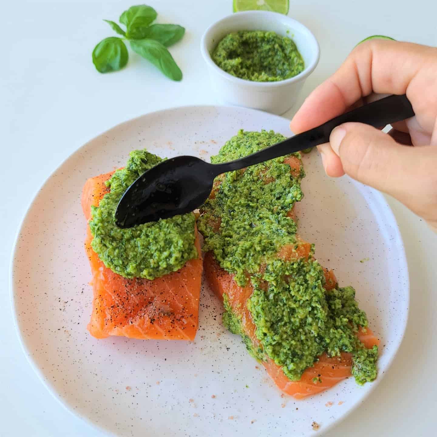 salmon with pesto topping