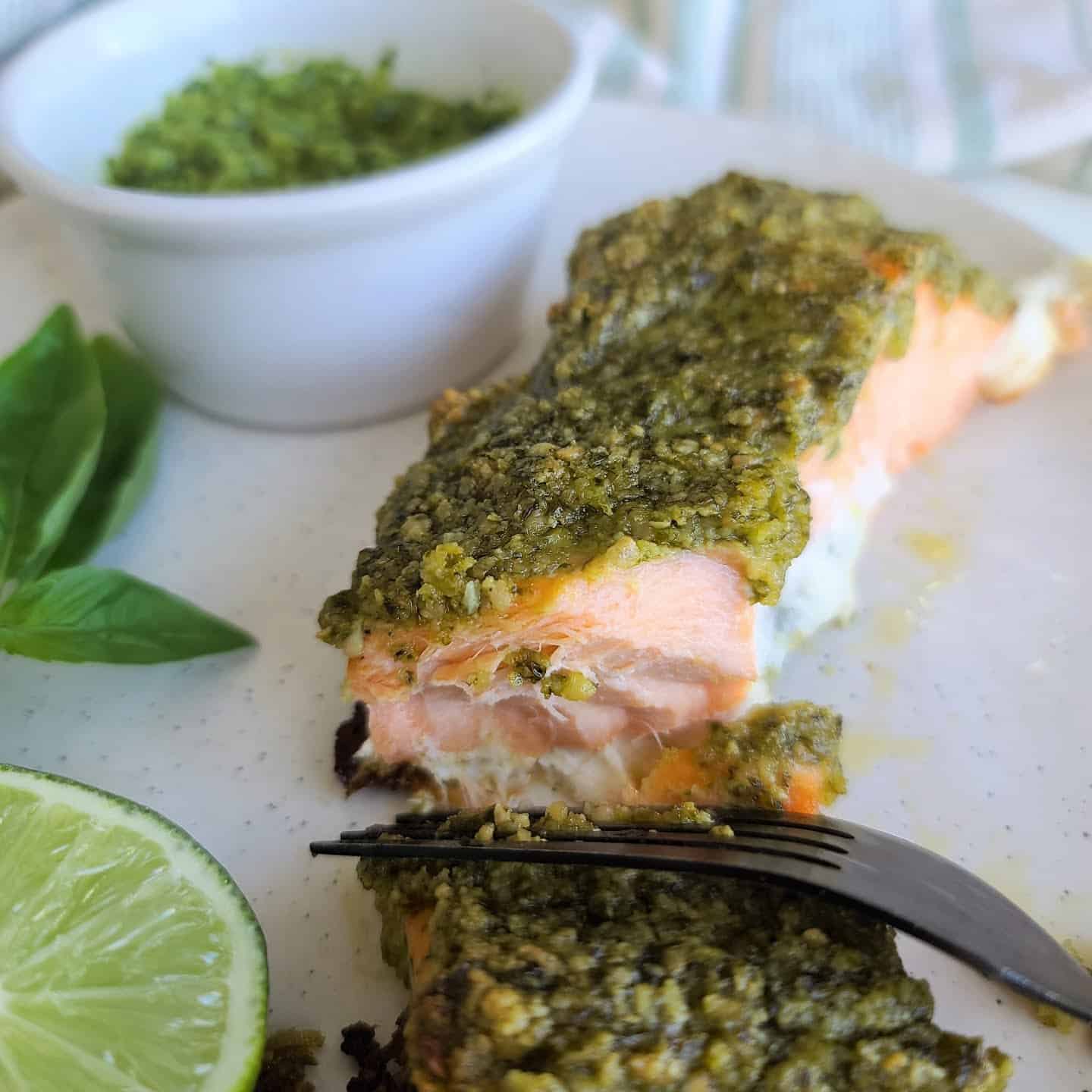 salmon with pesto topping