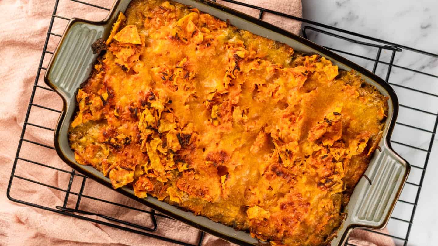 easy Dorito casserole baked for 30 minutes