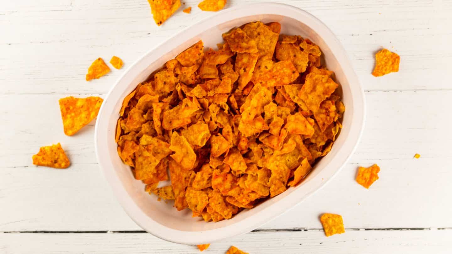 layer of Doritos in casserole dish