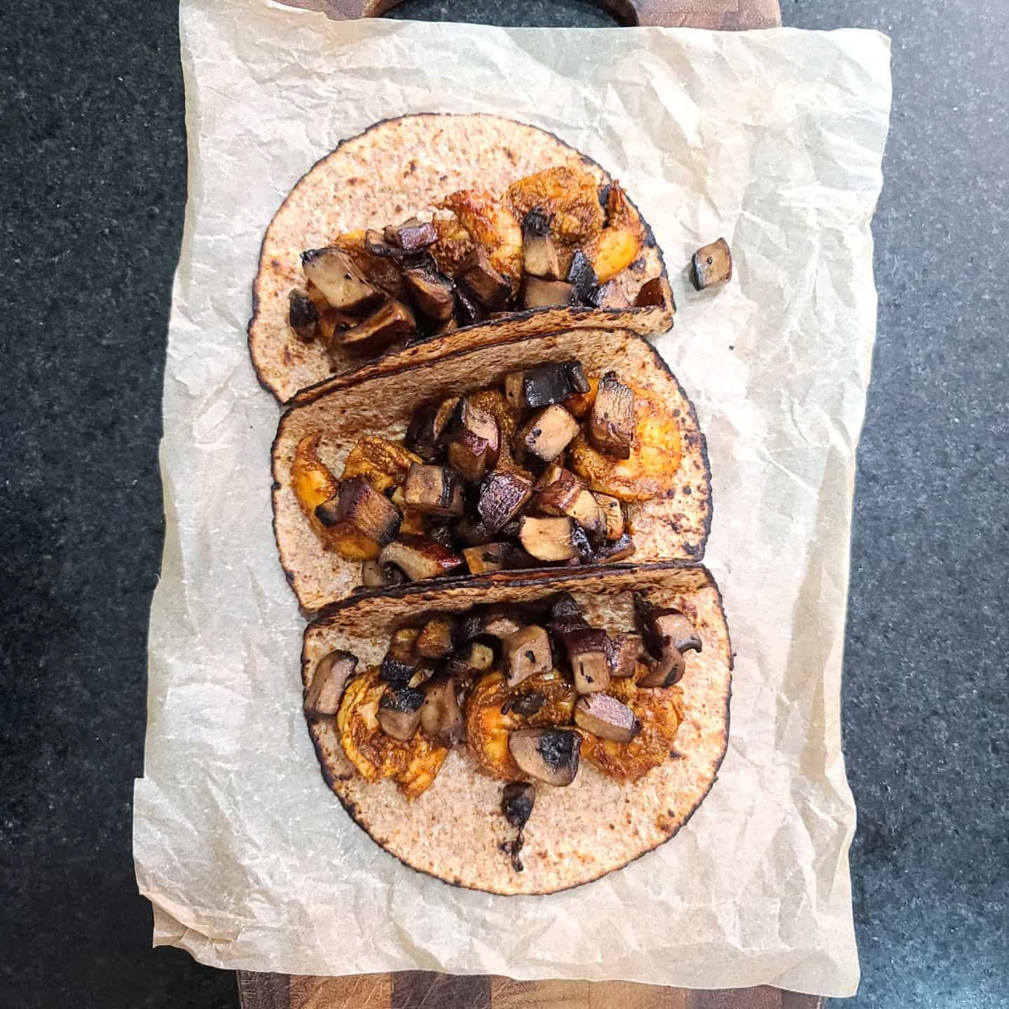 shrimp and mushrooms on tortillas