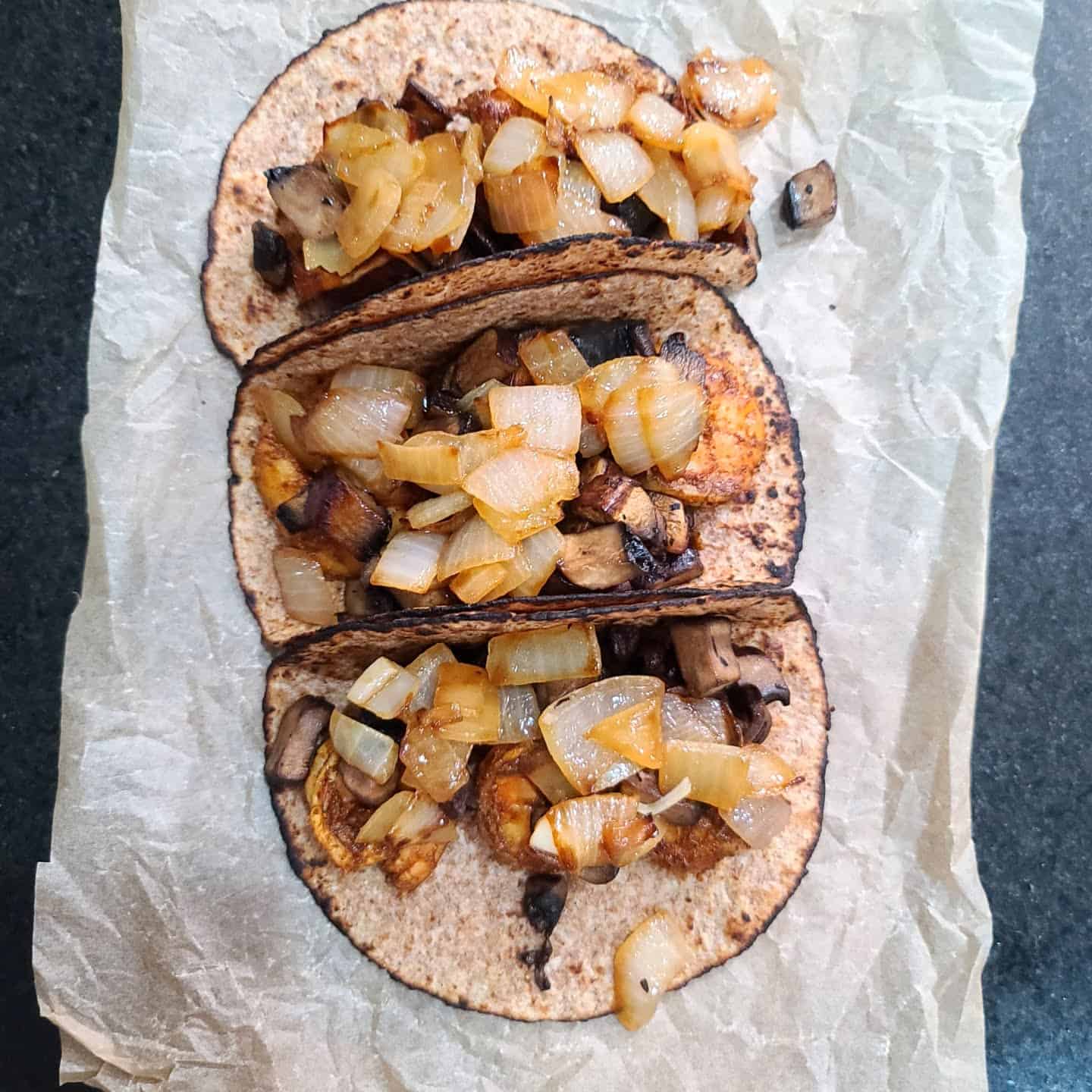 caramelized onions on shrimp tacos