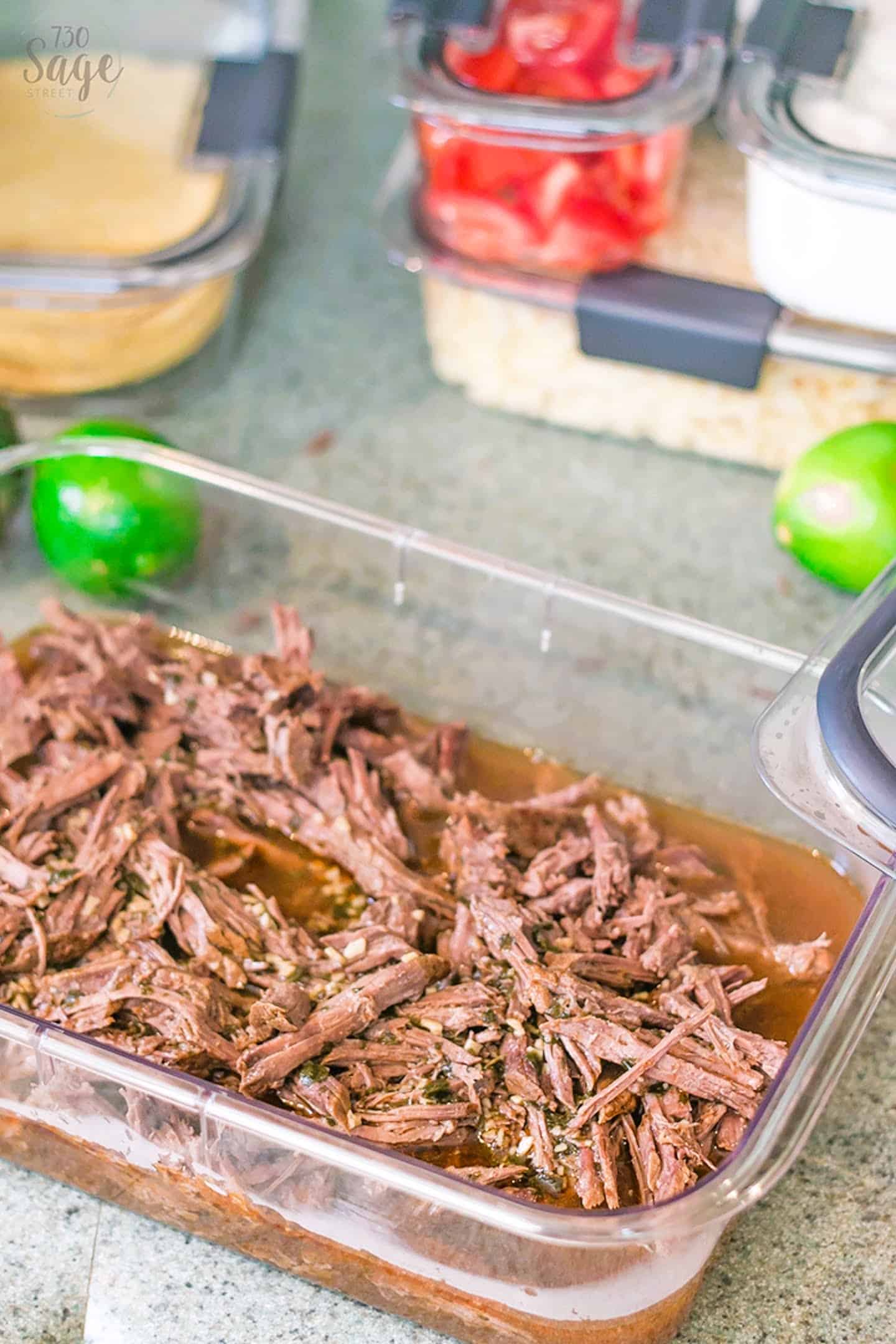  slow cooker Mexican shredded beef flavored with chili and lime.