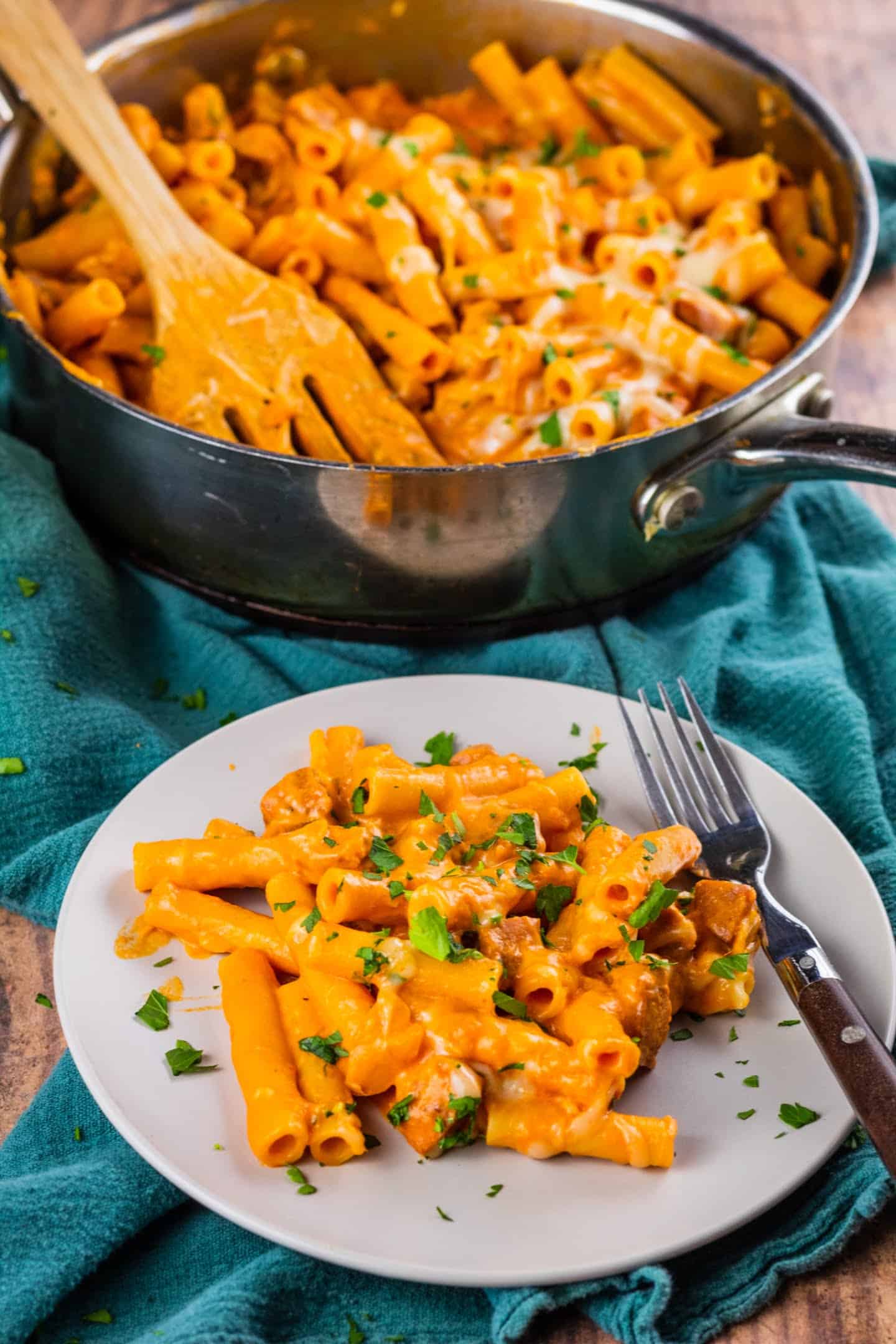 cheesy cajun sausage pasta serve on a plate