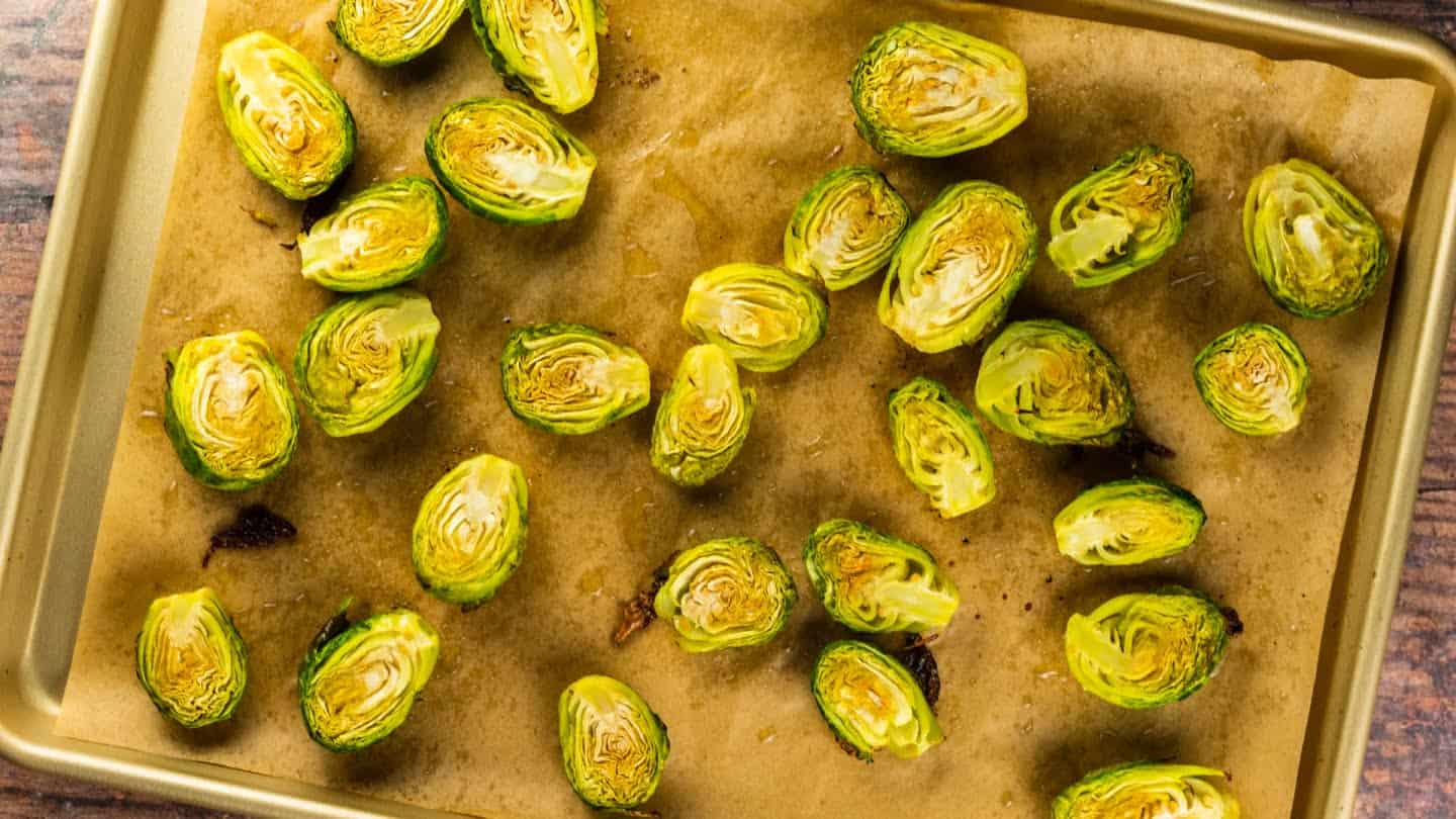 brusselt sprouts in a baking tray