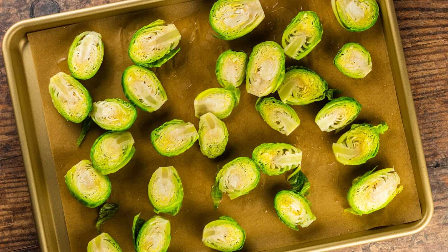 brusselt sprouts in a baking tray