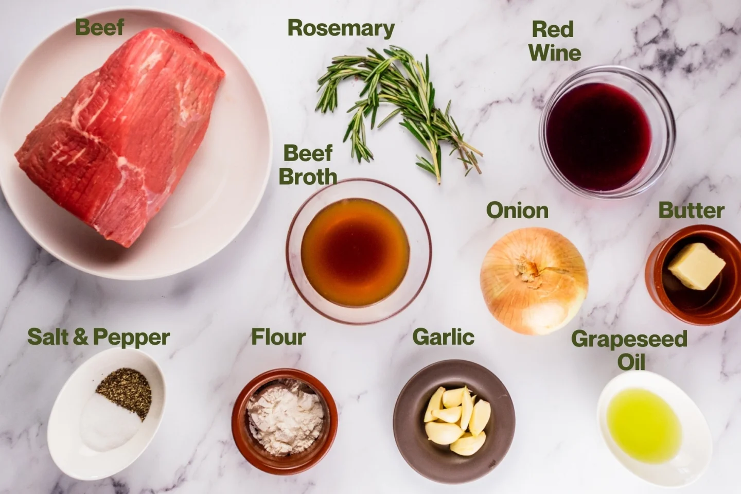 beef roast ingredients rosemary flour garlic onion grapeseed oil, red wine, butter, beef broth