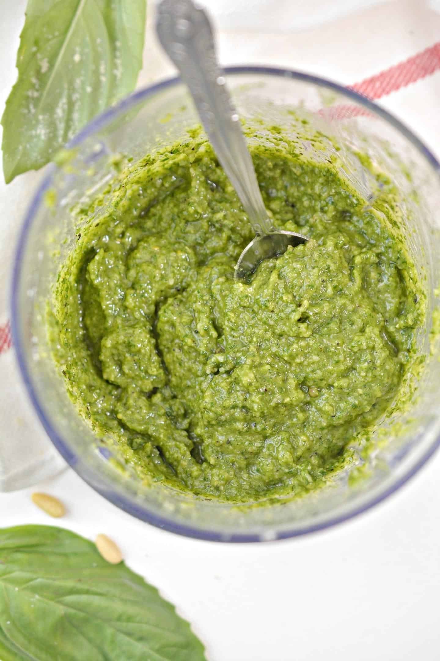 Blended Pesto Sauce in Food Processor