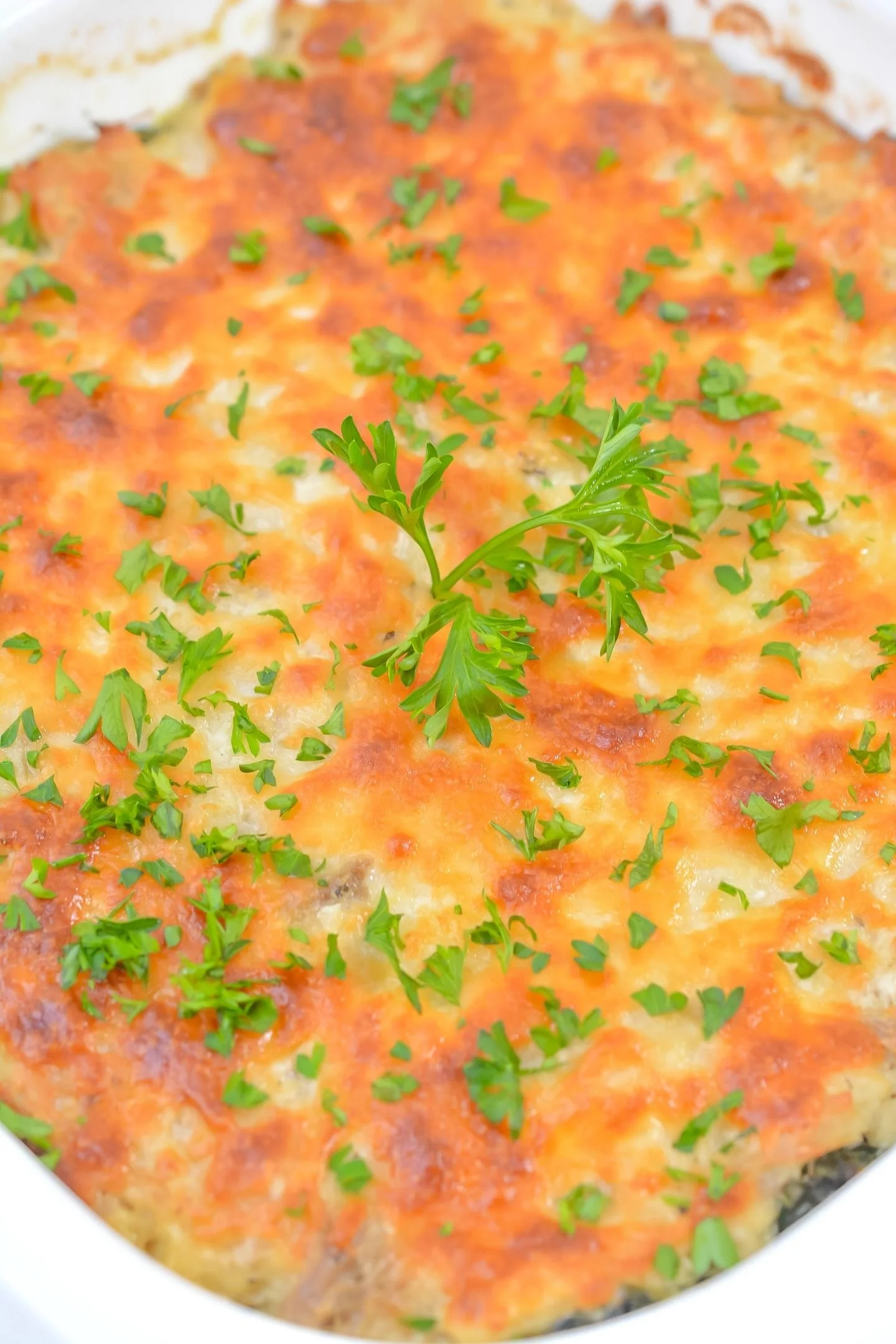 Creamy Chicken Spinach Casserole garnished with parsley