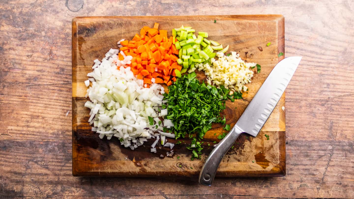 Finely diced celery, carrot, onion, garlic